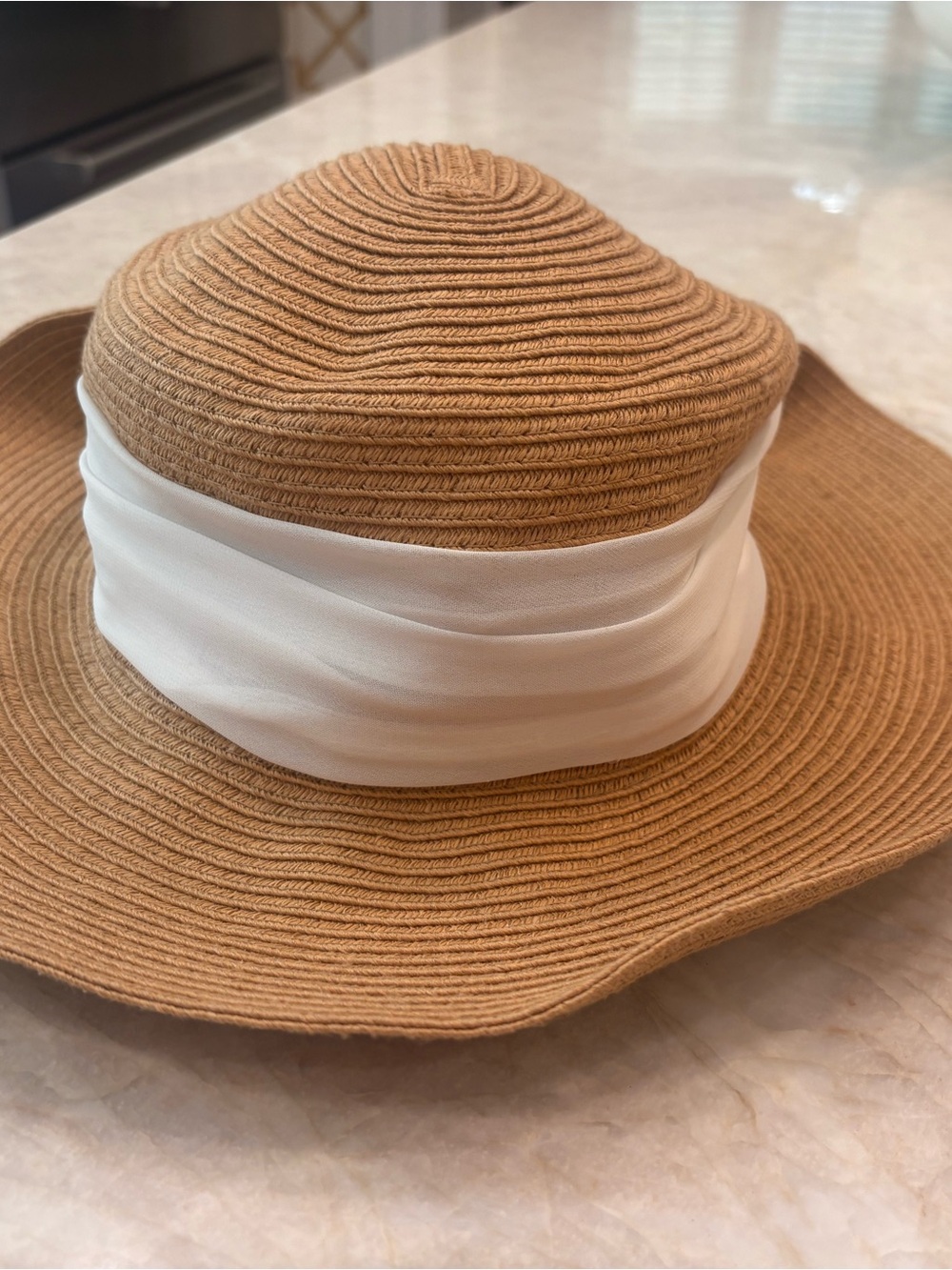 Women's Tan Straw Sun Hat with White Band